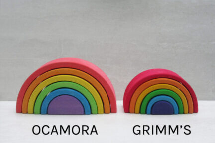 Side by side comparison of Grimms vs Ocamora Wooden Rainbow Stacker Toy