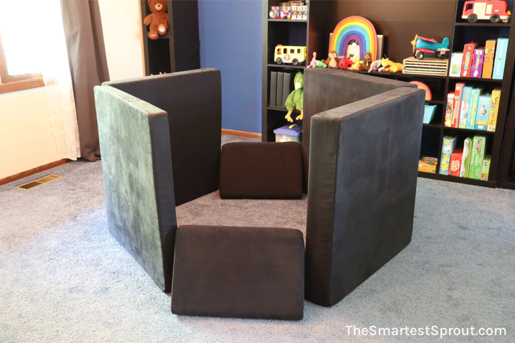 Home Base nugget fort built with one Nugget play couch creating a simple open base for imaginative indoor play