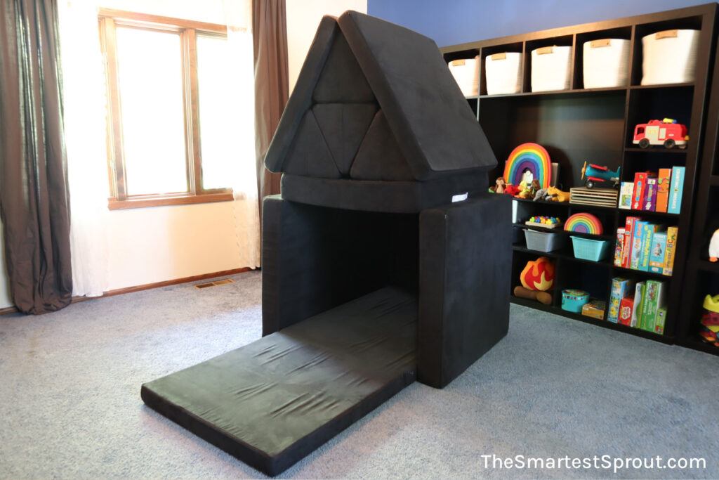 Birdhouse Bunker nugget fort built with two Nugget play couches creating a compact hideaway for solo indoor play