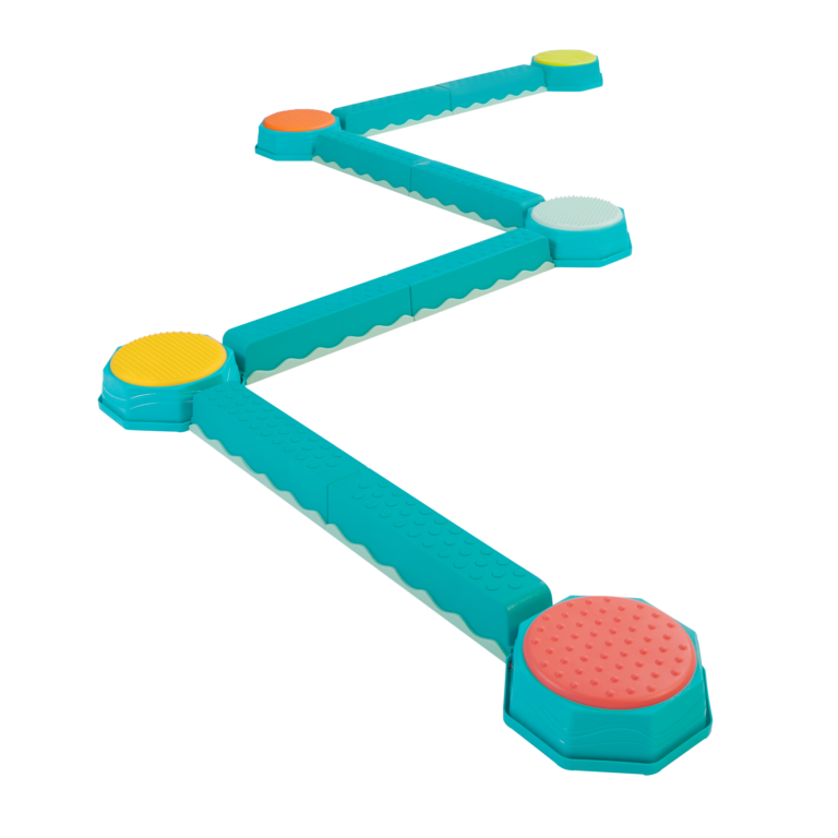 Interlocking balance beam set for kids with colorful sensory stepping pads, used as a Nugget couch obstacle course accessory