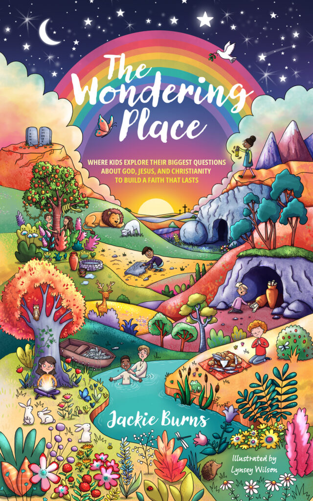 The Wondering Place book cover by Jackie Burns showing children exploring a colorful landscape under a rainbow