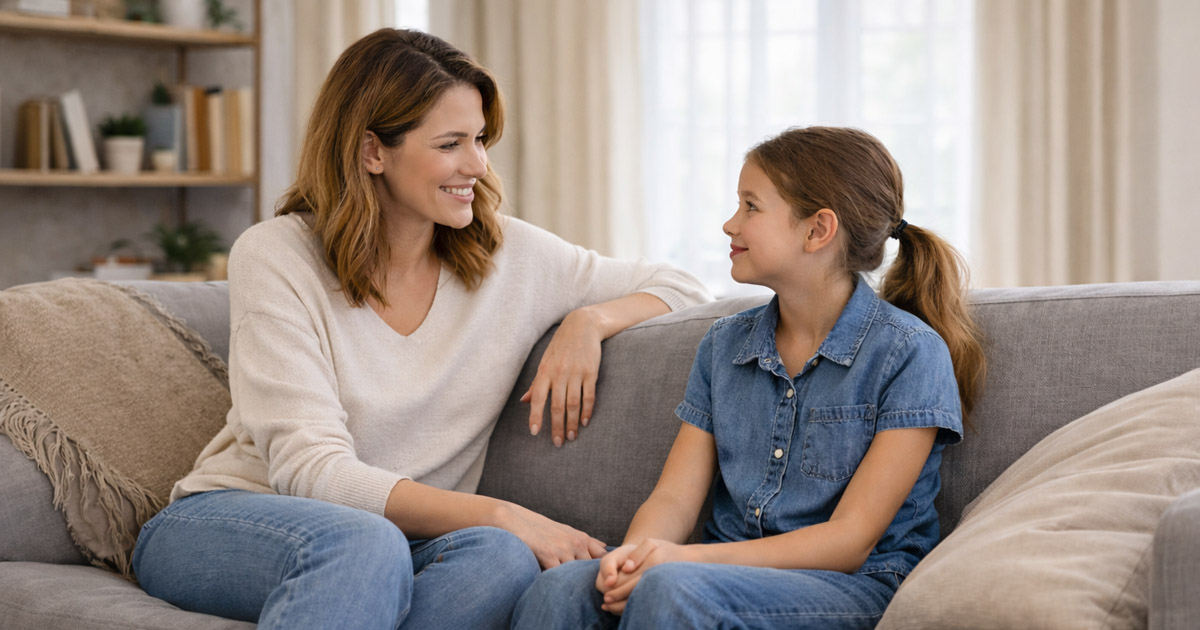 Parent sitting with a child on a couch, answering questions about God