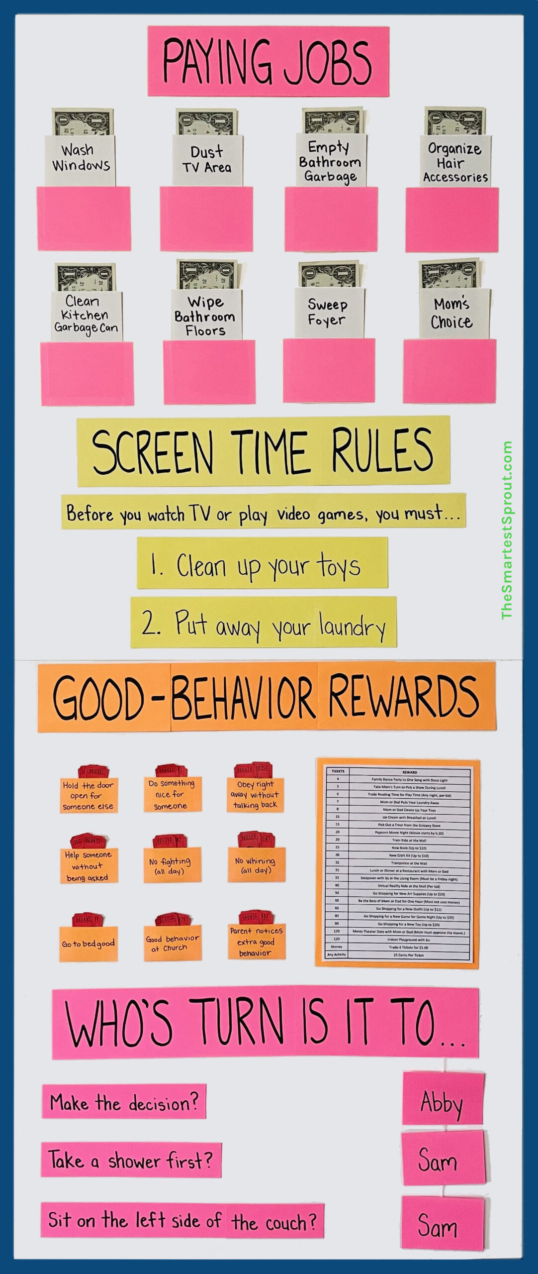 DIY chore and behavior chart for kids featuring paying jobs with money pockets, screen time rules, good behavior rewards with raffle tickets, and a sibling turn-taking system