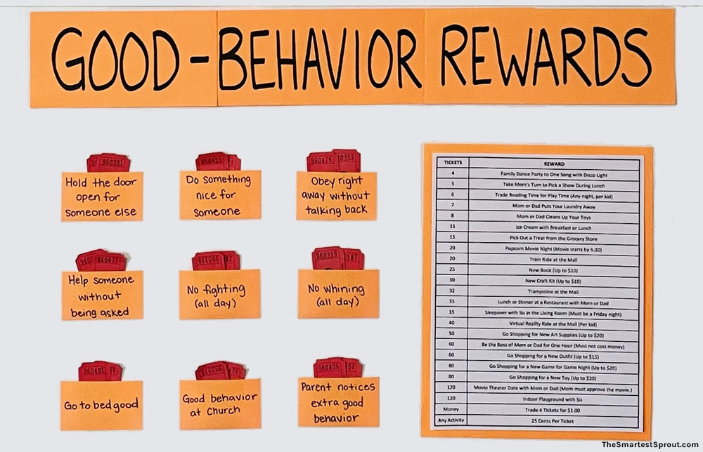 DIY good behavior reward chart for kids with raffle tickets and positive behavior incentives