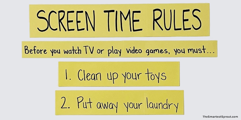 DIY screen time rules chart for kids showing required chores before TV and video games