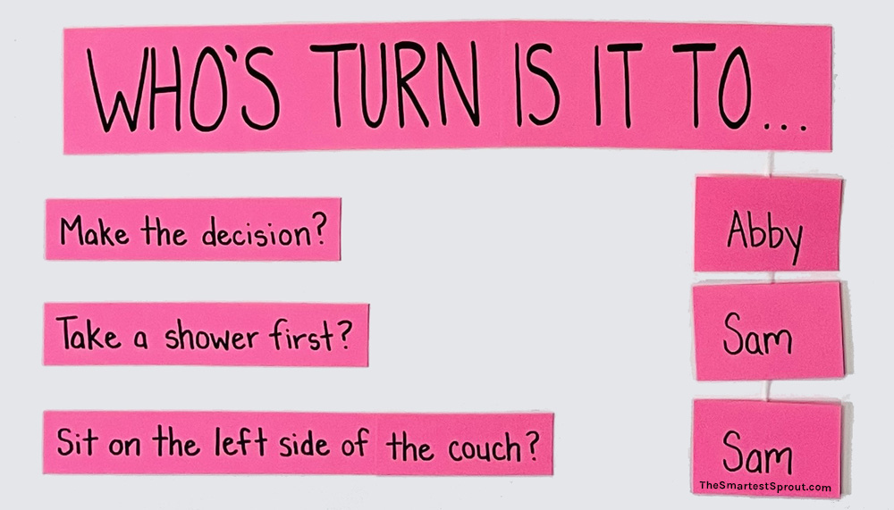 DIY kids turn taking chart to prevent sibling arguments and track decision order