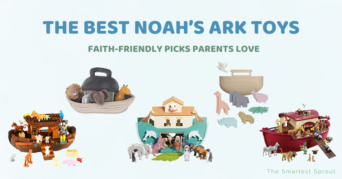 Best Noah’s Ark toys for kids featuring plush, wooden, and playset ark toys in a row on a soft blue background