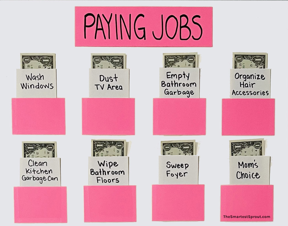 DIY chore chart for kids paying jobs section with paper money pockets taped on three sides for earning allowance