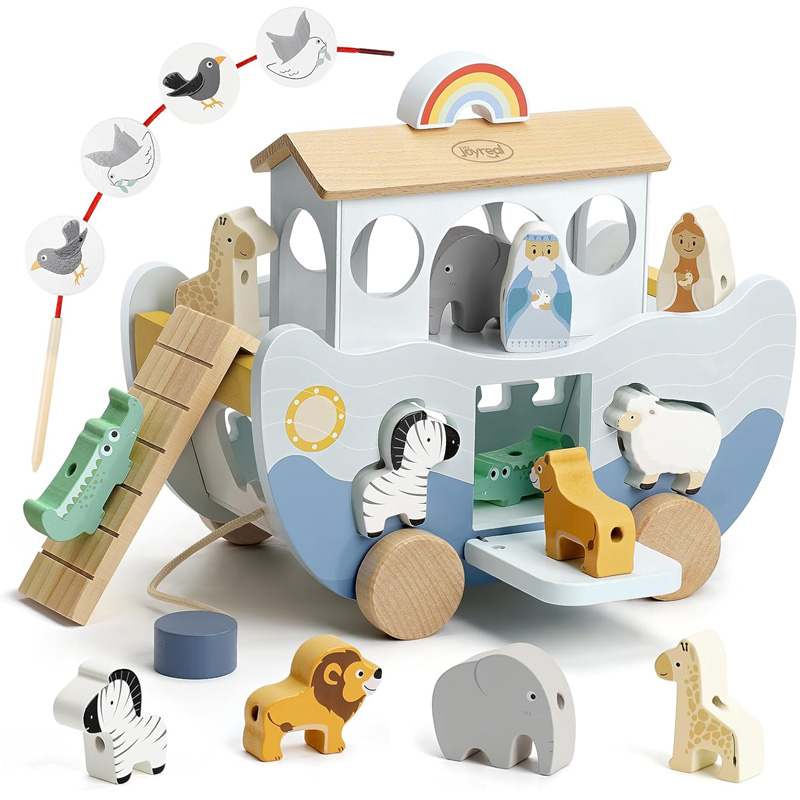 Wooden Noah’s Ark Montessori toy with animal shape sorter and rainbow detail for toddlers