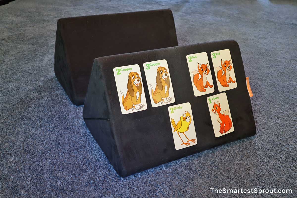 Nugget couch card holder hack using wedge pieces to hold kids playing cards