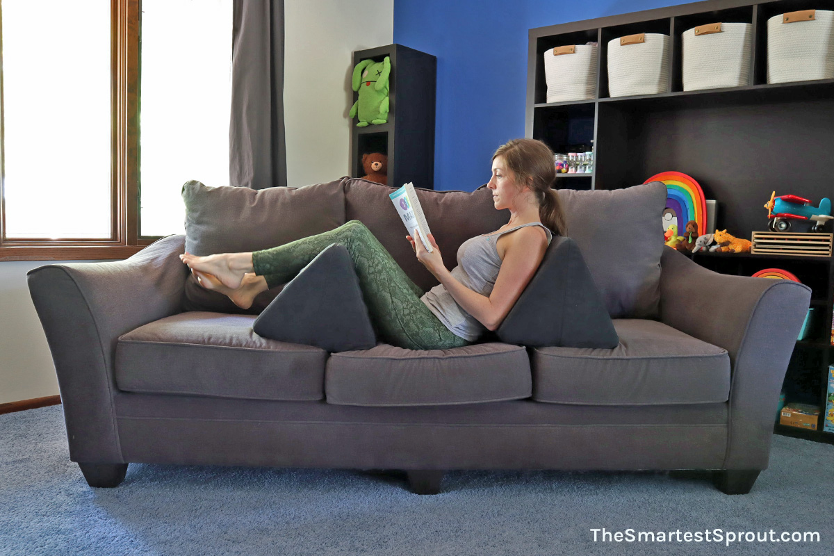 Nugget couch reading setup with back support and leg support for comfortable lounging