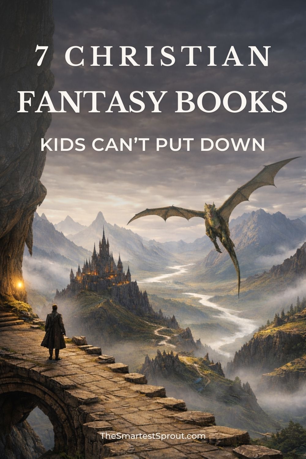 Christian fantasy books for kids Pinterest graphic showing a dragon flying over a castle valley illustration promoting a list of Christian fantasy books kids can’t put down