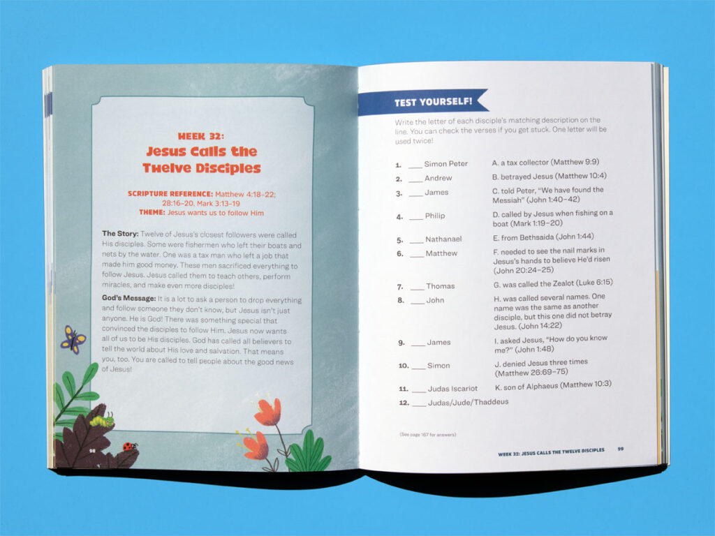 Inside pages of Bible Study Workbook for Kids showing worksheet and Bible lesson activity for children
