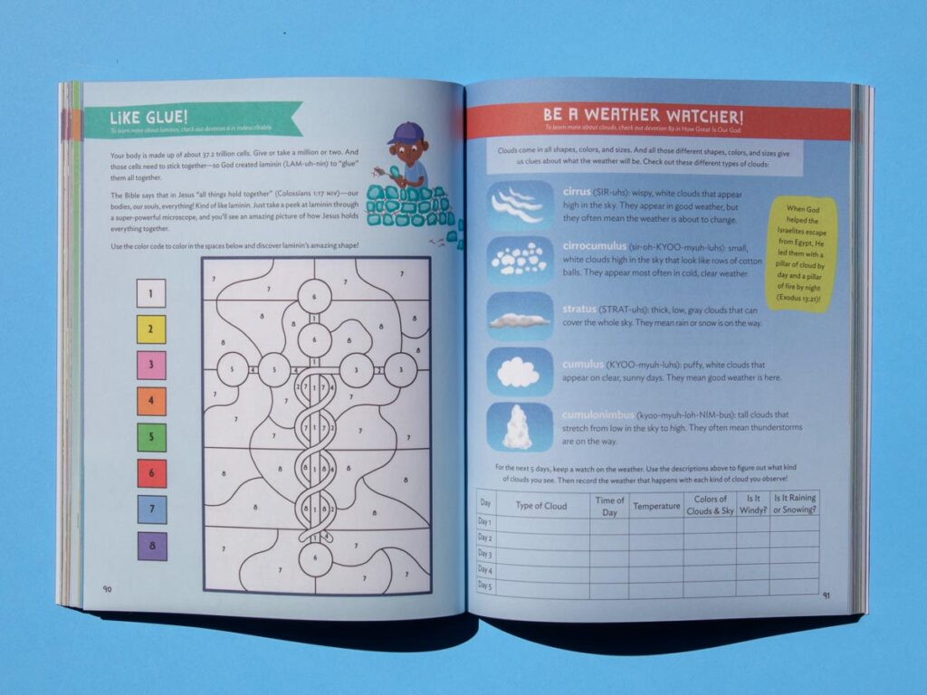 Inside pages of Christian activity book for kids showing worksheets puzzles and science lessons about God
