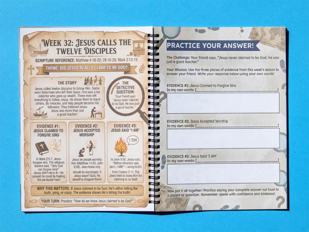 Inside pages of theology workbook for kids showing lesson and worksheet activity about Jesus and Bible doctrine