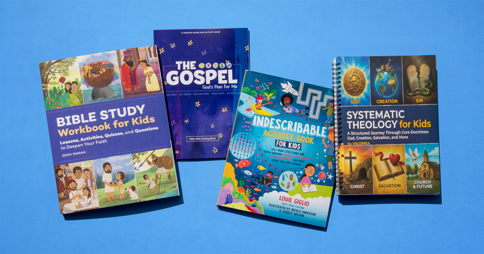 Best Bible workbooks for kids comparison showing several Christian workbooks and activity books for children on blue background