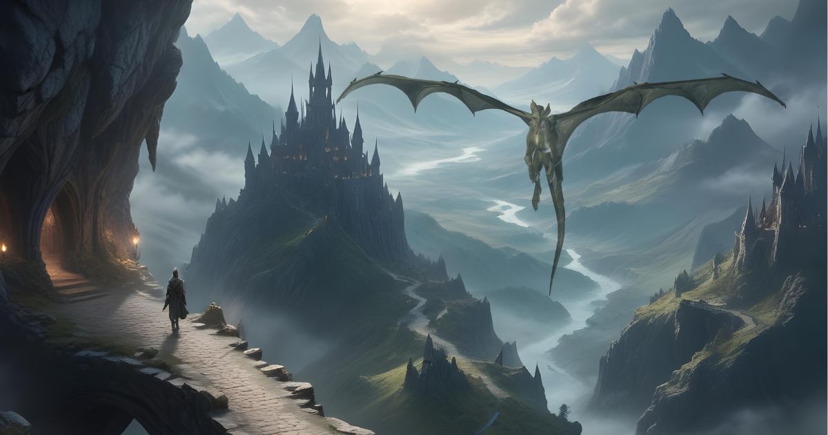 Fantasy landscape with mountains and a dragon flying over a magical valley representing Christian fantasy books for kids