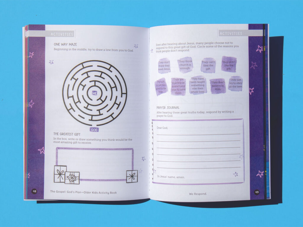 Cover of The Gospel God’s Plan for Me activity book for kids, a Christian workbook designed to teach the gospel message through Bible lessons, activities, and discussion questions.