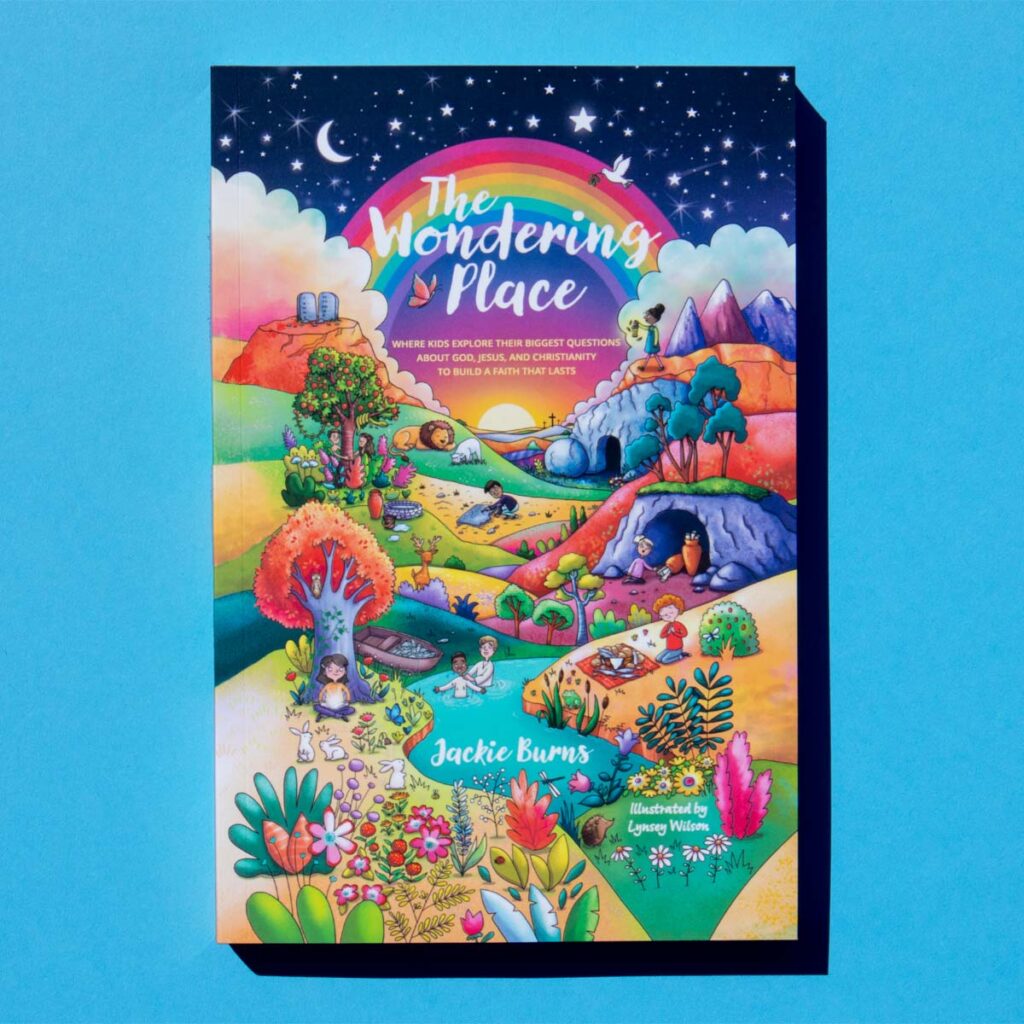 The Wondering Place Christian book for kids by Jackie Burns colorful illustrated cover about God, Jesus, and Christianity